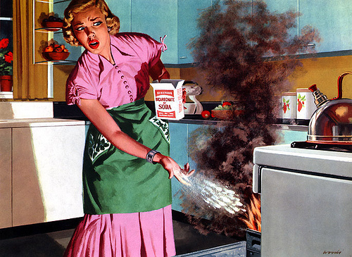 vintage 50s drawing of a house wife burning dinner