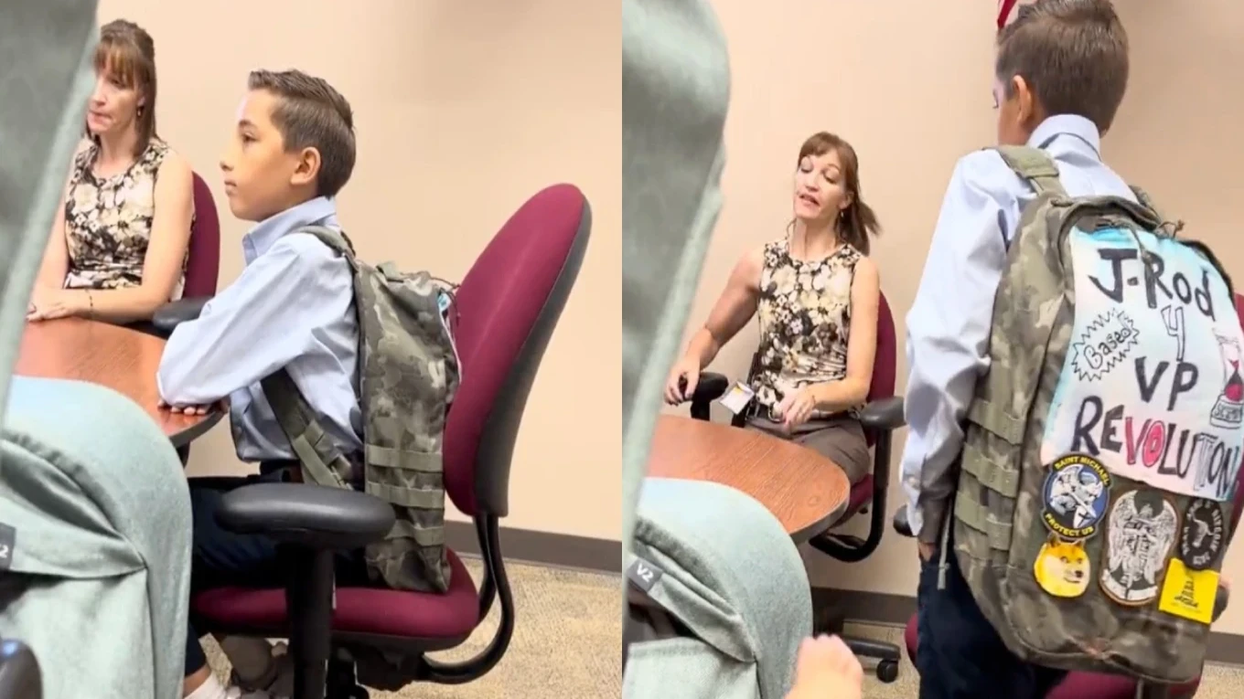 mom pushes back kid kicked class wearing dont tread on me patch backpack 1