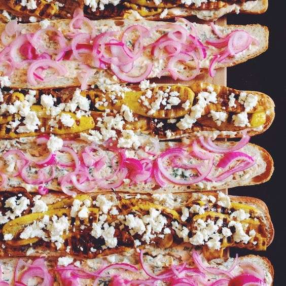 Grilled Summer Squash feta and Pickled Red Onion Sandwich
