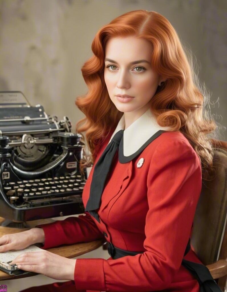 Salty Vixen in 1950s red dress typing