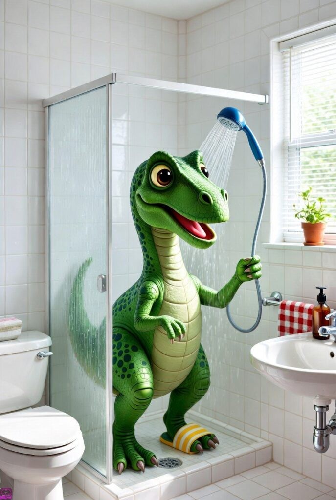 dino in a shower